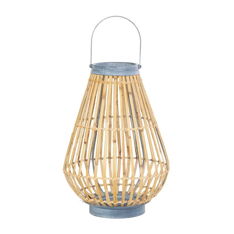 Brown Bamboo Wood Handmade Open Framed Indoor Outdoor Candle Lantern with Blue Metal Accents and Handle