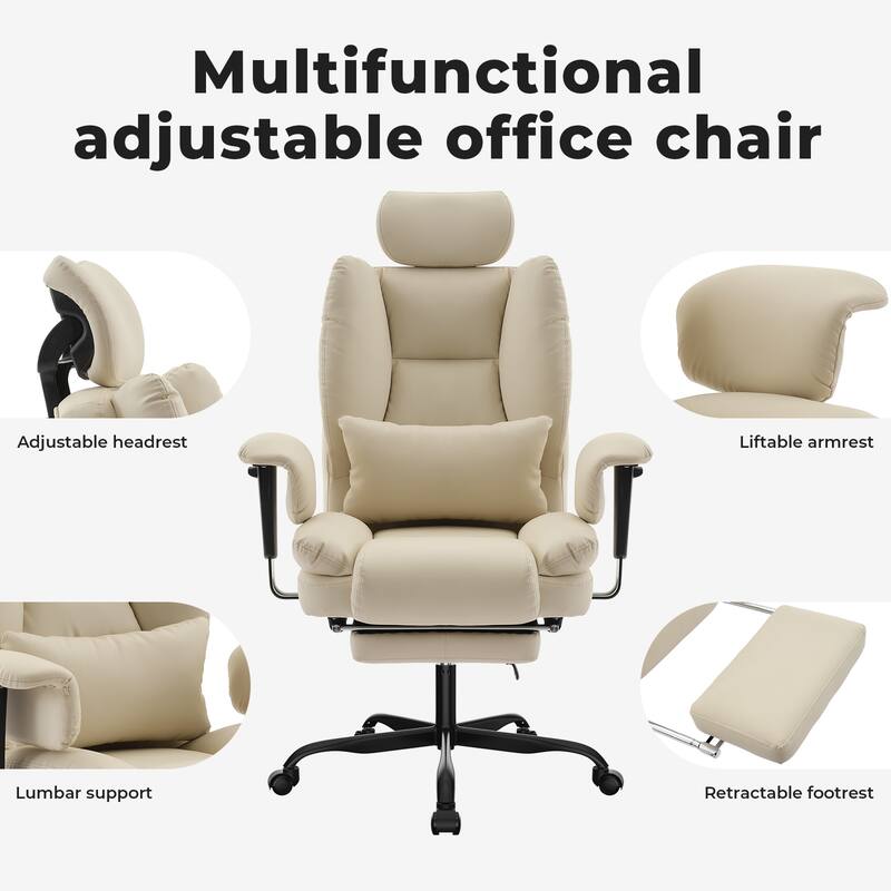Ergonomic High Backrest Office Chai with Lumbar Support, Liftable Headrest and Extendable Footrest -for Tall/Big Users, Beige