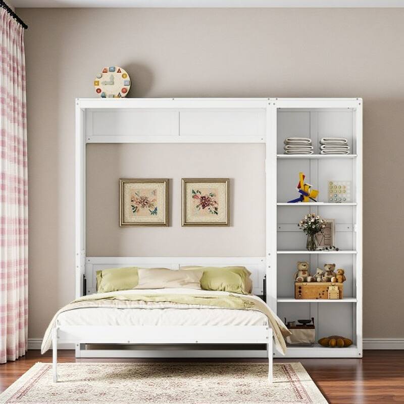 Queen Size Murphy Wall Bed with Adjustable Shelves, Space-Saving Foldable Design, Dual Piston Metal Mechanism - White - Queen
