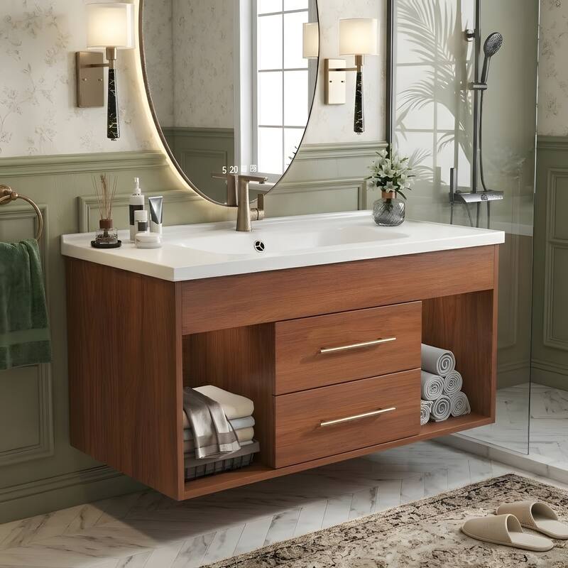 35.4" Mid-century Modern Single Bathroom Vanity with Integrated Ceramic Undermount Sink