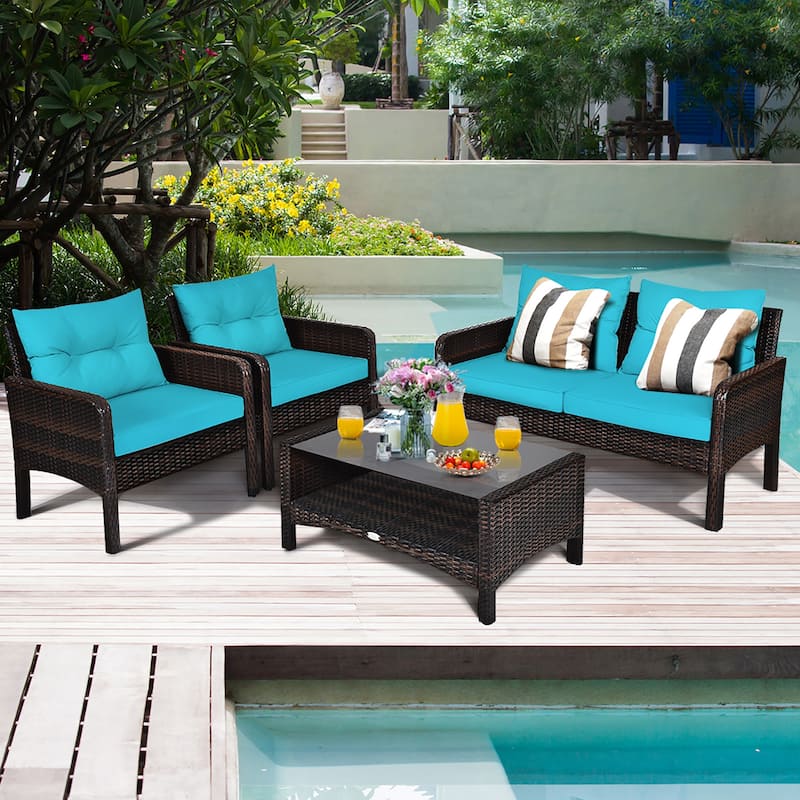 Costway 4PCS Patio Rattan Furniture Set Loveseat Sofa Coffee Table - 28'' x26'' x29''