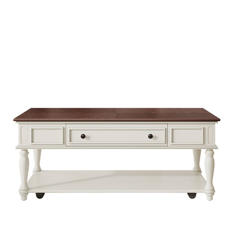 Farmhouse Coffee Table with Drawer, Easy-Assembly Retro Cocktail Table with Wheels, Rustic Center Table for Living Room‌