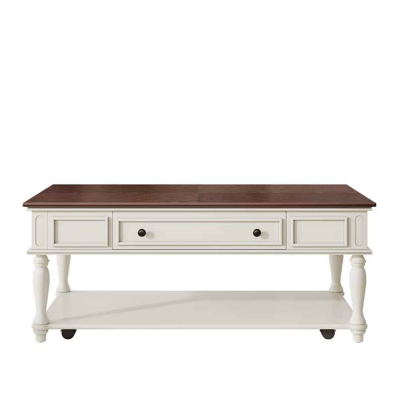 Farmhouse Coffee Table with One Drawer, Movable Rectangular Cocktail Table with Lockable Wheels, Solid Wood Legs