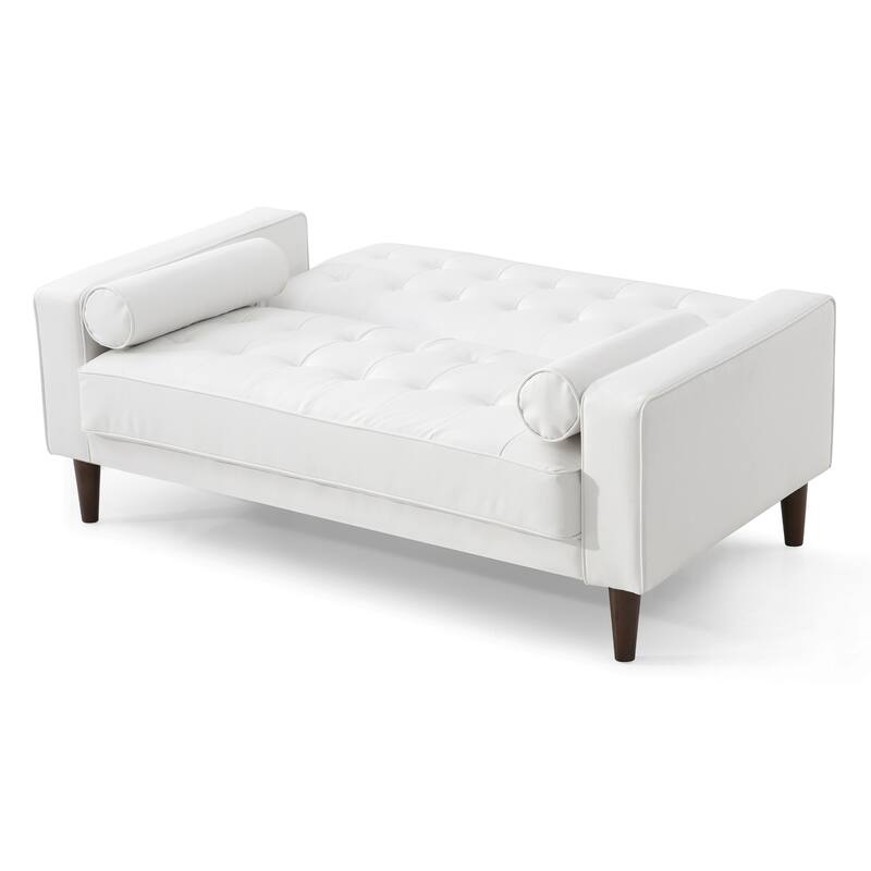 Flared Arm Faux Leather Tufted Straight Sofa with Bolster Pillows - 60" - White