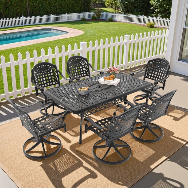 7-Piece Aluminum Rectangular Outdoor Patio Dining Set, 6 Cushioned Swivel Chairs, Table, All-Weather Frames
