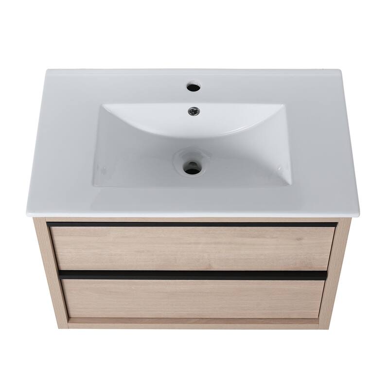 Wall-Mounted Plywood Bathroom Vanity Set in Plain Light Oak with Integrated Sink