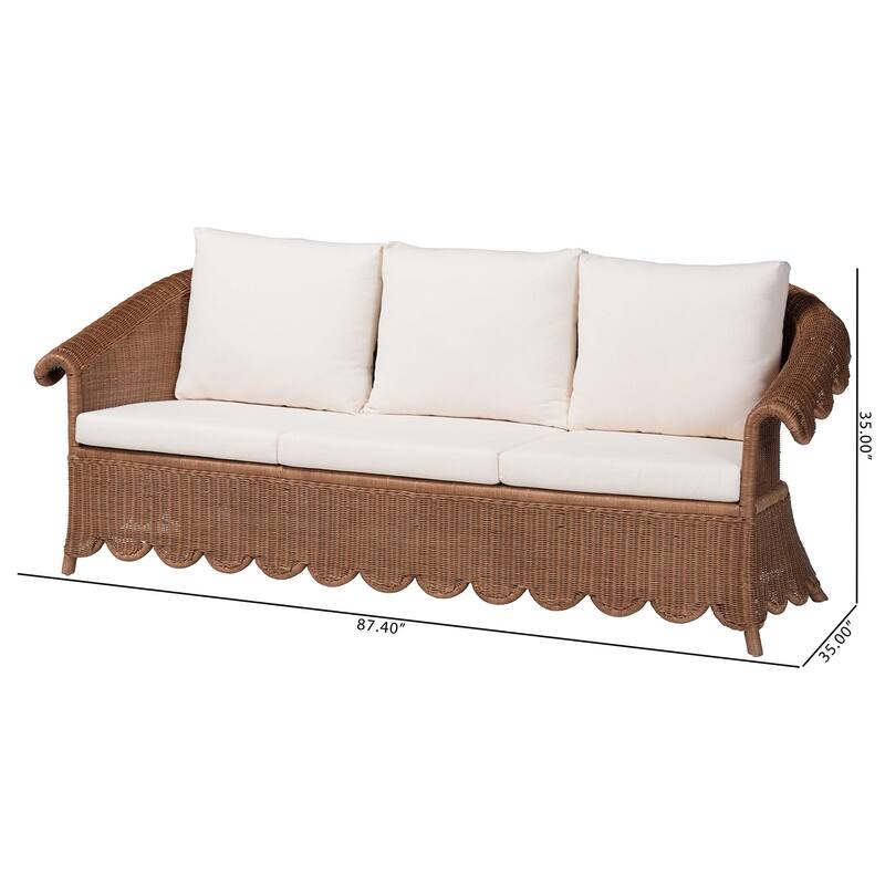 Detta Natural Rattan Sofa with Cushion - Handwoven Wicker Settee with Rolled Arms and Scalloped Skirt Base, Boho Coastal Style