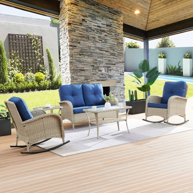 Patio Loveseat Sofa Rocking Chair Coffee Table - Blue - Light Beige