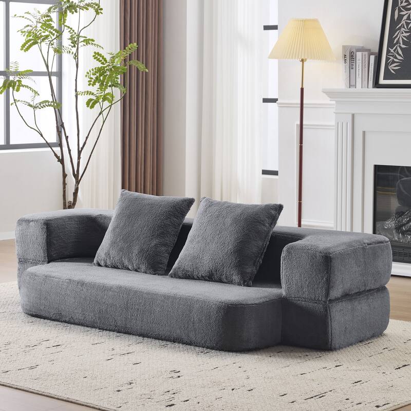 Transformable Sectional Sofa with 3 Ottomans - Fold-Out Bed, Light Grey Chenille Lounger in Faux Fur