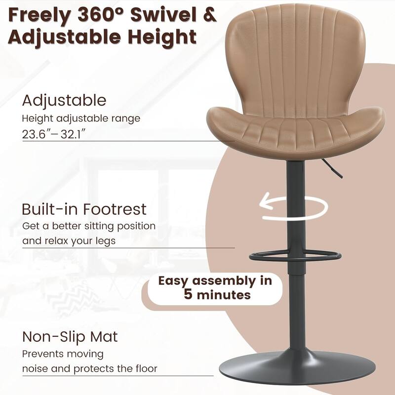 BOSSIN Set of 2 Modern Adjustable Bar Stools, Faux Leather Upholstered Swivel Counter Stools - 16.5"D x 19.6"W x 46.9"H