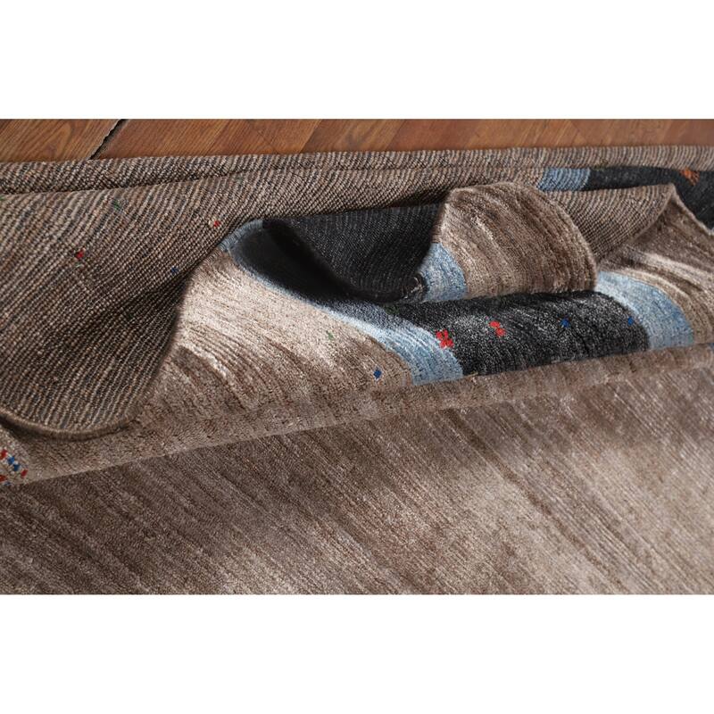 Hand Knotted Oriental Viscose Silk Carpet Tribal Stripe Greys & Charcoal Gabbeh Area Rug - 9' 7'' X 8' 5''