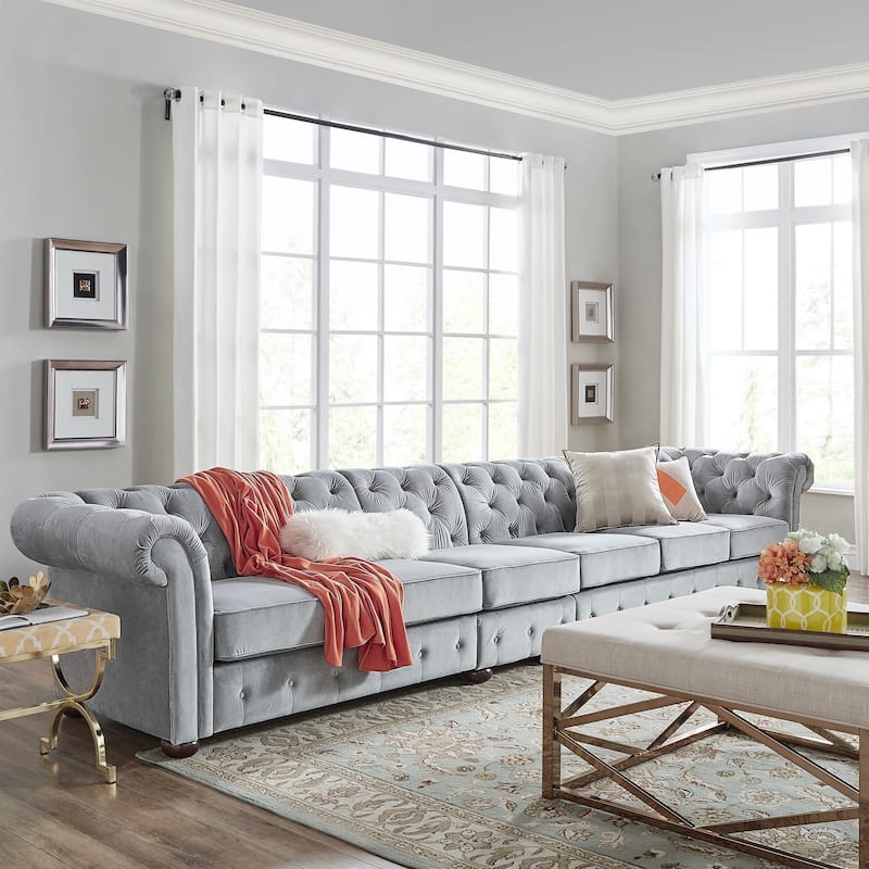 Knightsbridge Light-grey Extra Long Chesterfield Sofa by iNSPIRE Q Artisan - 6 Seat Sofa - Grey Velvet