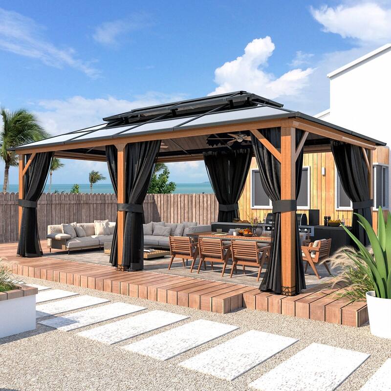 EROMMY Outdoor Wood Gazebo with Double Polycarbonate Roof, Heavy Duty Backyard Patio Pergola Canopy for Garden Shade