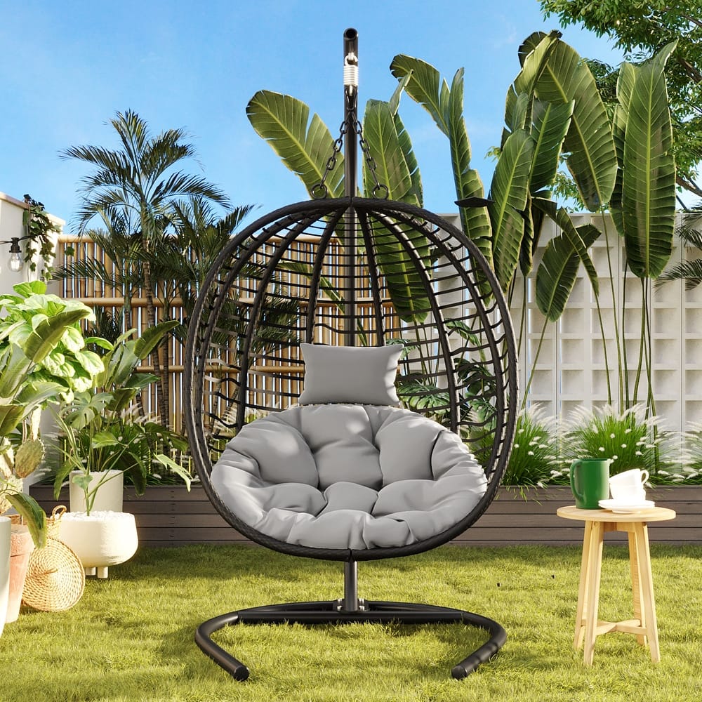 Single Person Folding Wicker Hammock Swing Chair with Adjustable Anti-Slip Feet