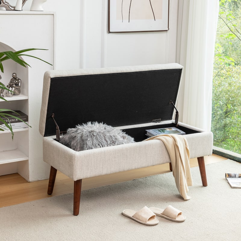 43.3" Linen Upholstered Storage Ottoman Bench with Wood Legs, Safety Hinge Flip Top, 300lb Capacity