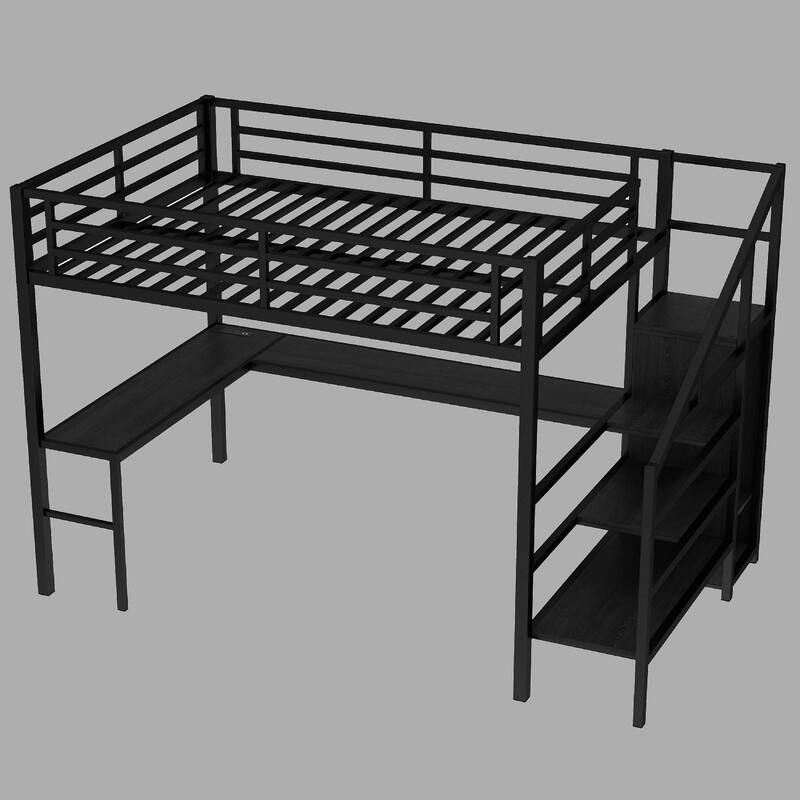 Full/Queen Metal Loft Bed with Wardrobe, L-shaped Desk, Stairs, USB Ports & LED Lights for Kids and Adults - Black - Queen