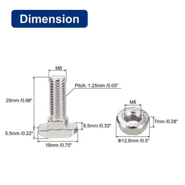 T Slot Dropin Bolt & M8 Hexagon Flange Nut Set, 8 Sets for 45 Series