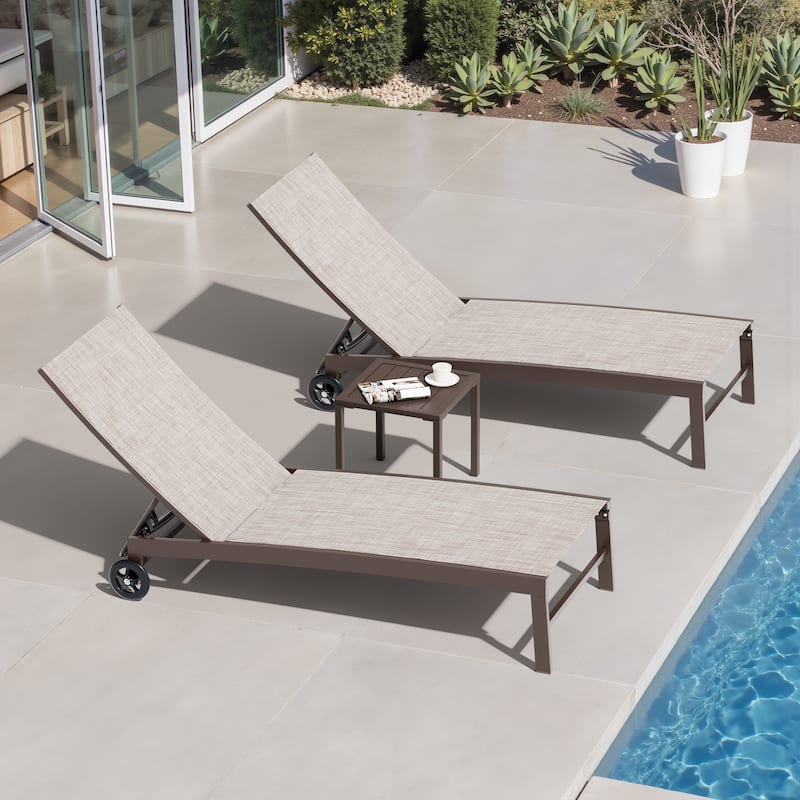 3-piece Outdoor Adjustable Aluminum Reclining Chaise Lounge Chairs with Wheels and Side Table Set