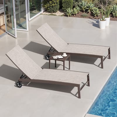 3-piece Outdoor Adjustable Aluminum Reclining Chaise Lounge Chairs with Wheels and Side Table Set
