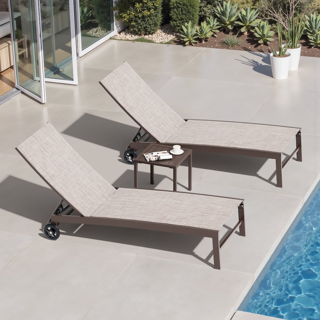 3-piece Outdoor Adjustable Aluminum Reclining Chaise Lounge Chairs with Wheels and Side Table Set