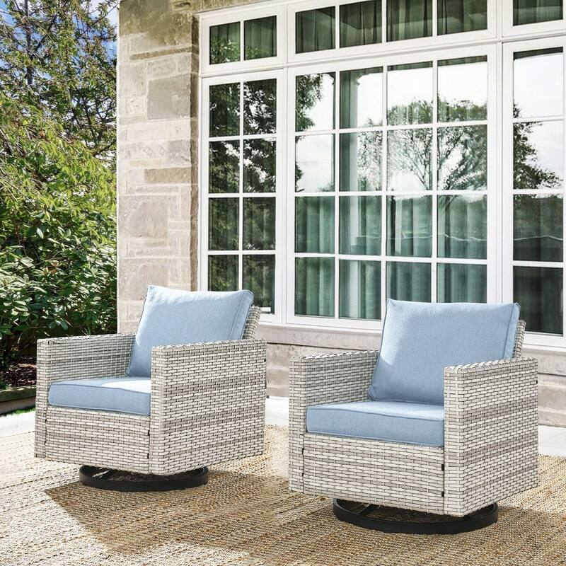 Gymojoy Wicker Swivel Glider Chair with 4 inch Olefin Cushions - 2-Piece - Light Grey Wicker / Babyblue Cusion