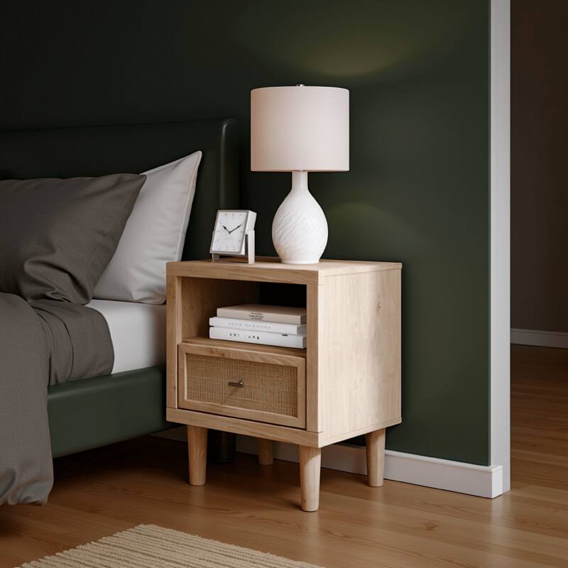 Ciel Nightstand w USB LED, Faux Linen Laminate, Cane Drawer, Oak Brown