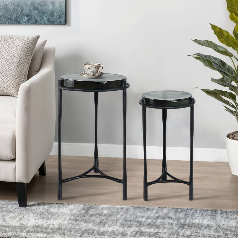Metal Accent Side Tables Round Top and Frame Modern Design (Set of 2) - 16" x 16" x 26" - Gunmetal/ Metallic - Marble