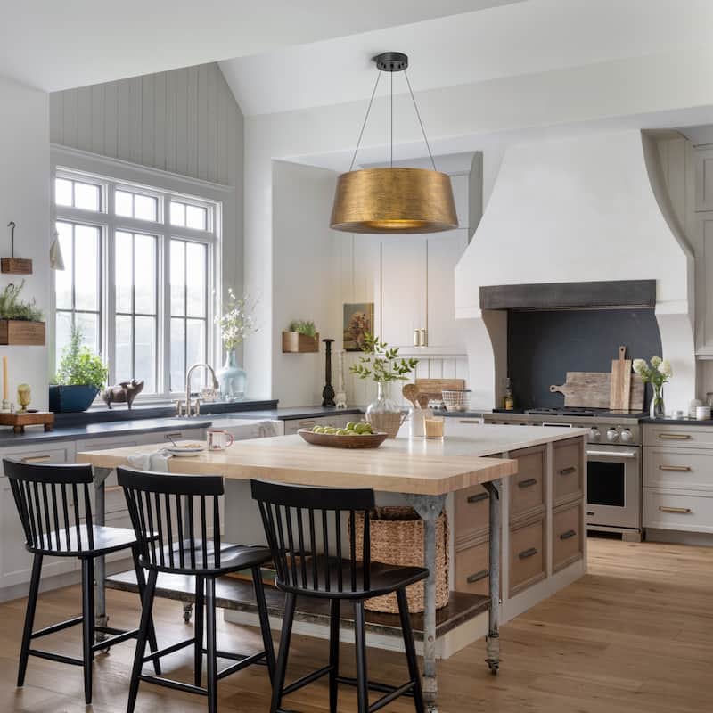 Industrial Antique Gold LED Drum Metal Pendant Light for Dining and Living Room - Antique Gold