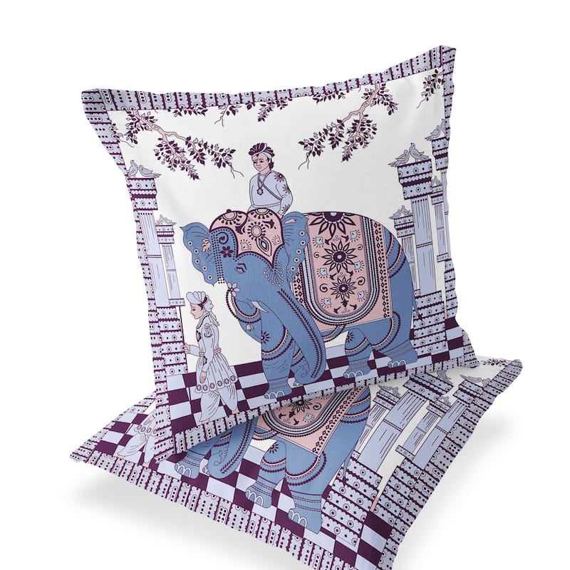 HomeRoots Set of Two 16" X 16" Blue and Purple Elephant Blown Seam Floral Indoor Outdoor Throw Pillow - 16.00' X '16.00' X '5.00
