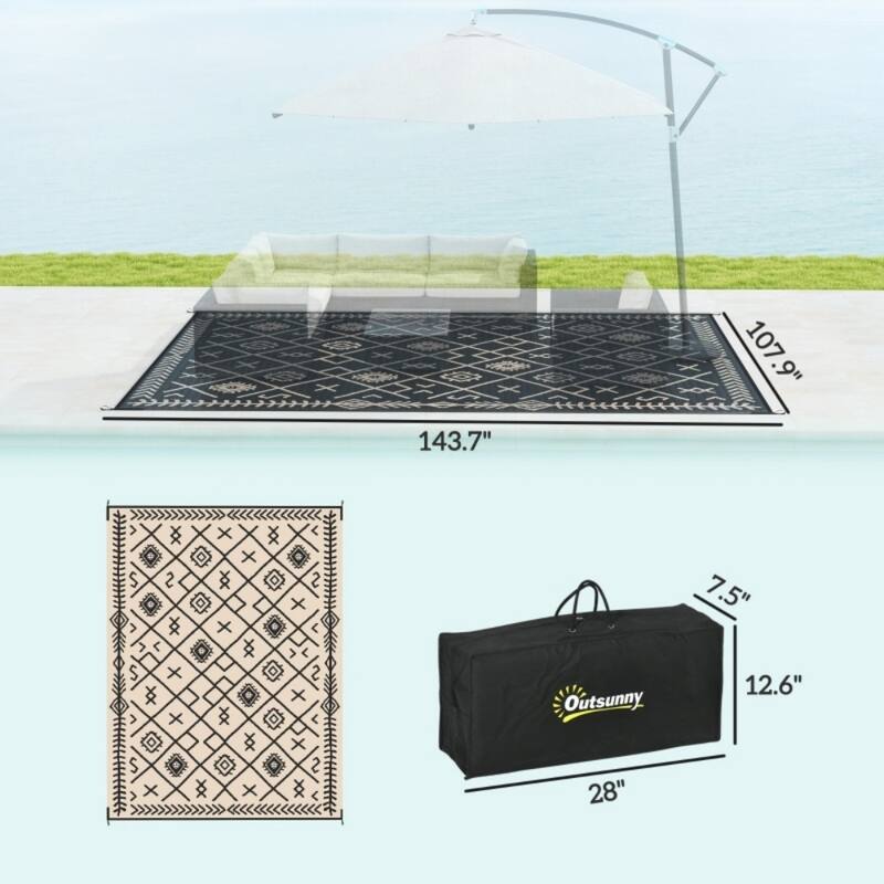 Reversible Outdoor Rug Black Beige Rhombus UV Protected Foldable Camping RV Patio Picnic Mat - 143.7" L x 107.9" W