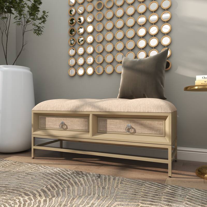 Linen Fabric Upholstered 2 Drawer Storage Bench with Tufted Seat and Ring Handles - Beige - Roche River Decor