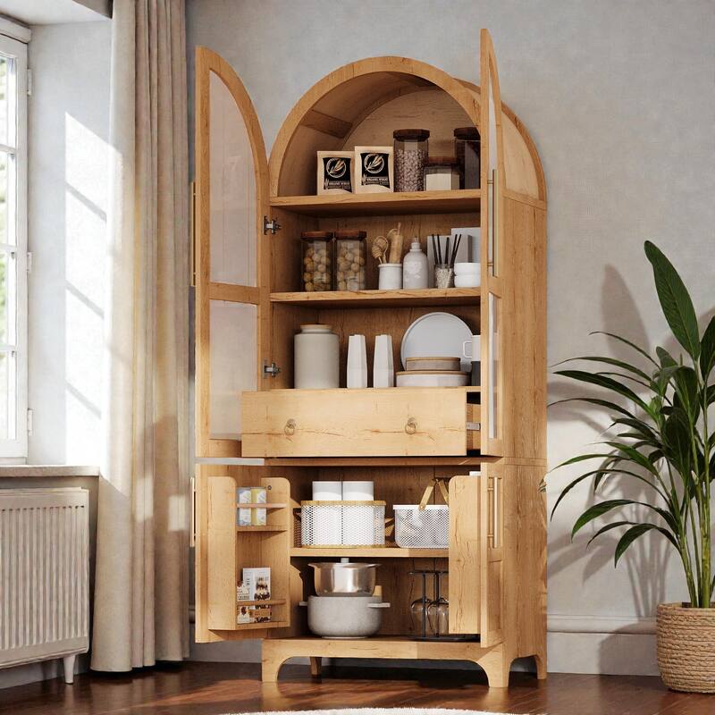 71" Tall Arched Kitchen Pantry Cabinet with Glass Door, Door Shelves, Adjustable Shelves and Hidden Drawer for Dining