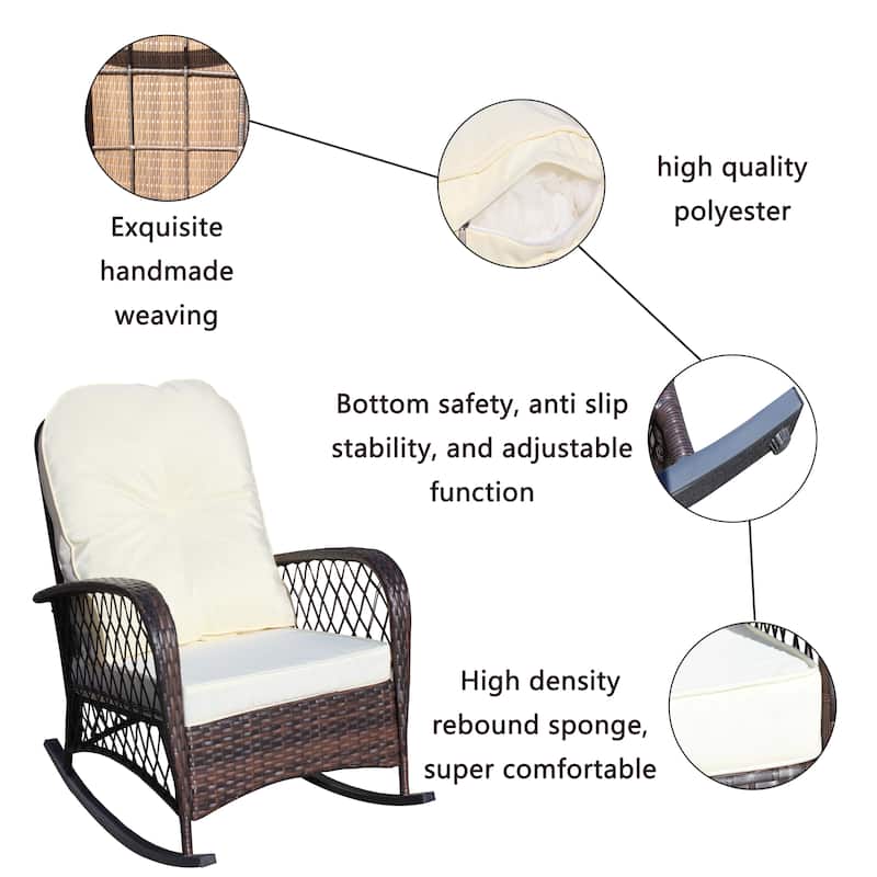 Outdoor Wicker Rocking Chair with Wide Seat, All- Weather Rattan Armchair for Poolside, Garden, Porch, Backyard