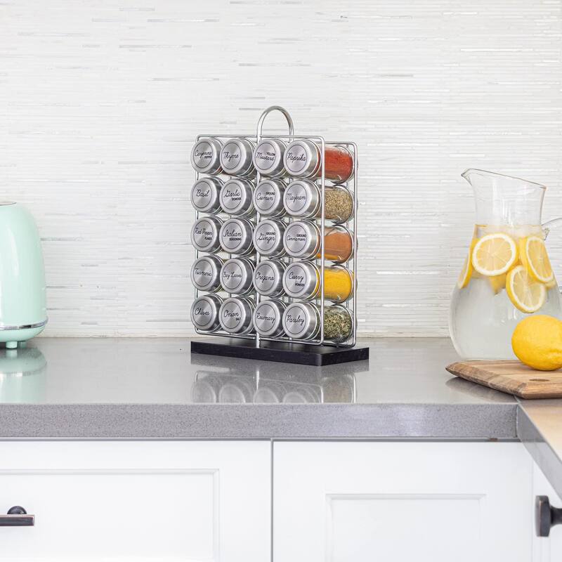 20 Jar Spice Rack Stainless Steel Filled with Spices - Standing Rack Shelf Holder & Countertop Spice Rack Tower Organizer