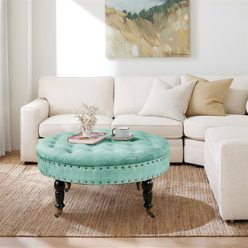 Round Velvet Tufted Coffee Table Ottoman, 34" x 34" x 17" H - 34" x 34" x 17" H - North Sea
