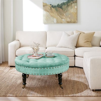 Round Velvet Tufted Coffee Table Ottoman, 34" x 34" x 17" H