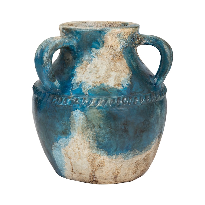 Pottery Terracotta Vase with Rustic Textured and Triple Handles Design