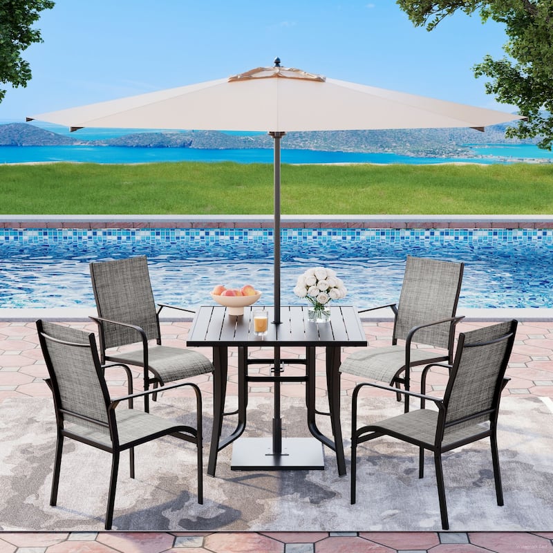 5/7/9-Piece Outdoor Patio Dining Set with Stackable Textilene Chairs and Slatted Table, Furniture with Adjustable Umbrella Hole - 5 Piece - Grey