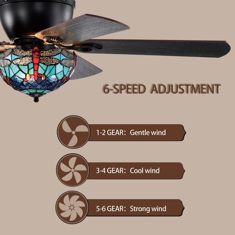 Pluvey 52-Inch Flushmount Lighted Ceiling Fan Blue Red Draginfly Tiffany Glass Lamp Black Finish