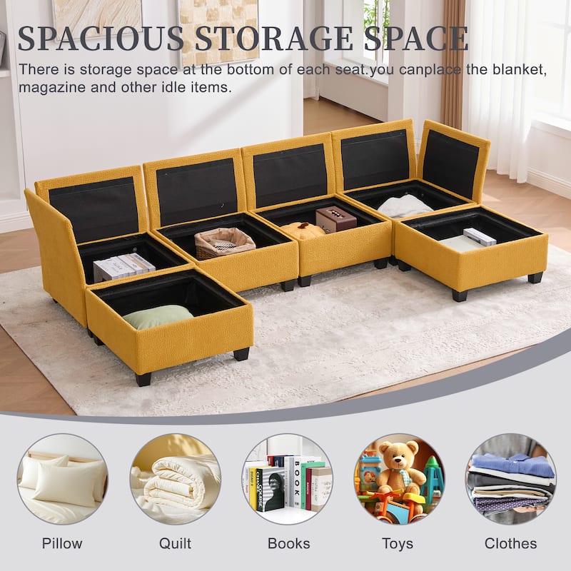 HOMEFUN 6-Seat Polyester Upholstered U-Shaped Modular Storage Sleeper Sectional Sofa with Storage Ottoman