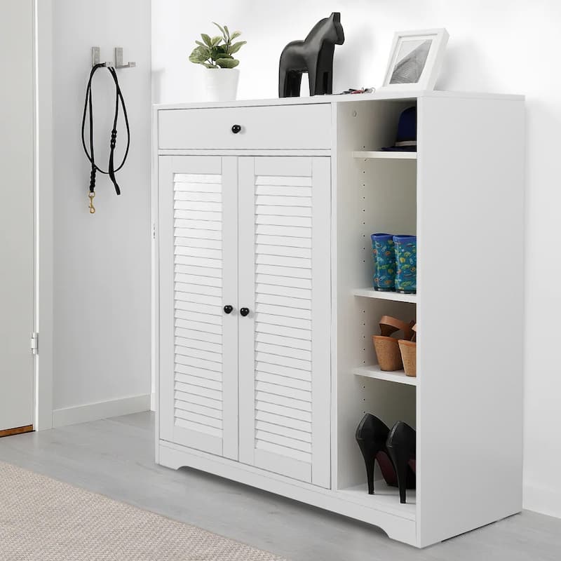 Slim Shoe Cabinet with 2 Shutter Door, Freestanding Storage Organizer, Narrow Shoe Rack with Adjustable Shelf &Top Drawer