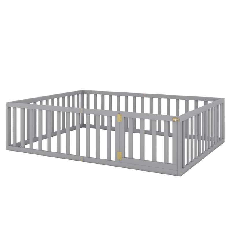 Versatile Queen Size Floor Bed Frame with Safety Fence and Open Door