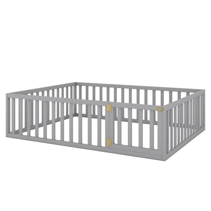 Versatile Wooden Floor Bed Frame without Slats, Solid Pinewood Kids Bed Frame with Fence and Door