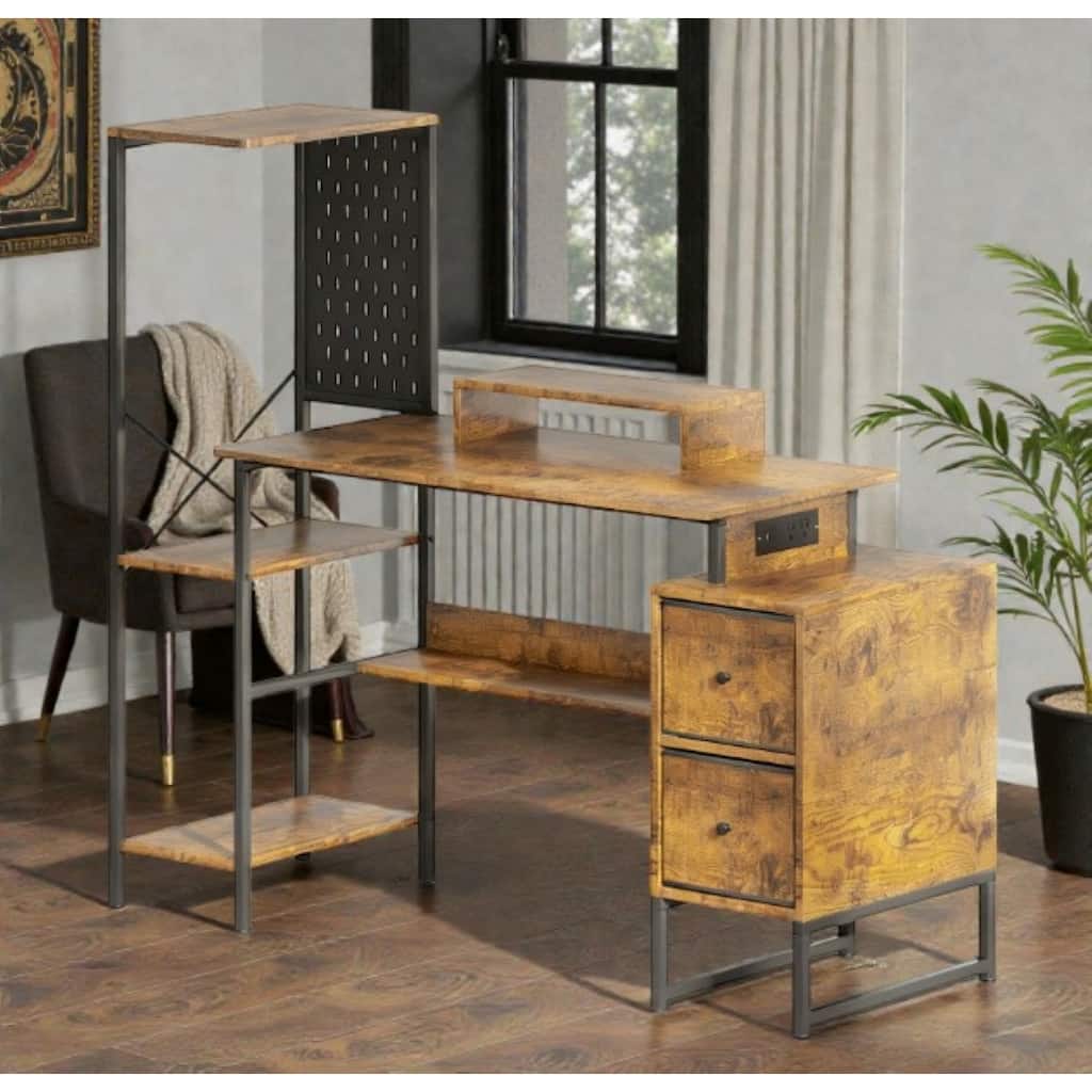 Computer Desk with Power Outlets and LED Lights, Home Office Desk with Monitor Shelf Storage and Pegboard