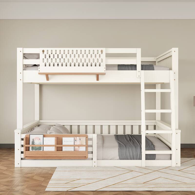 Wooden Bunk Bed of 3 Kinds Size with Pegboard, Bookshelf and Guardrails, Detachable Bunk Bed Convertible 2 Platform Beds - Beige - Full