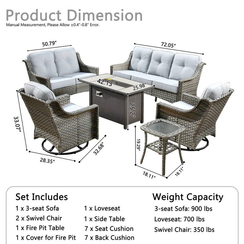 OVIOS 6 Pieces Outdoor Wicker Curved Swivel Chair Set With Fire Table