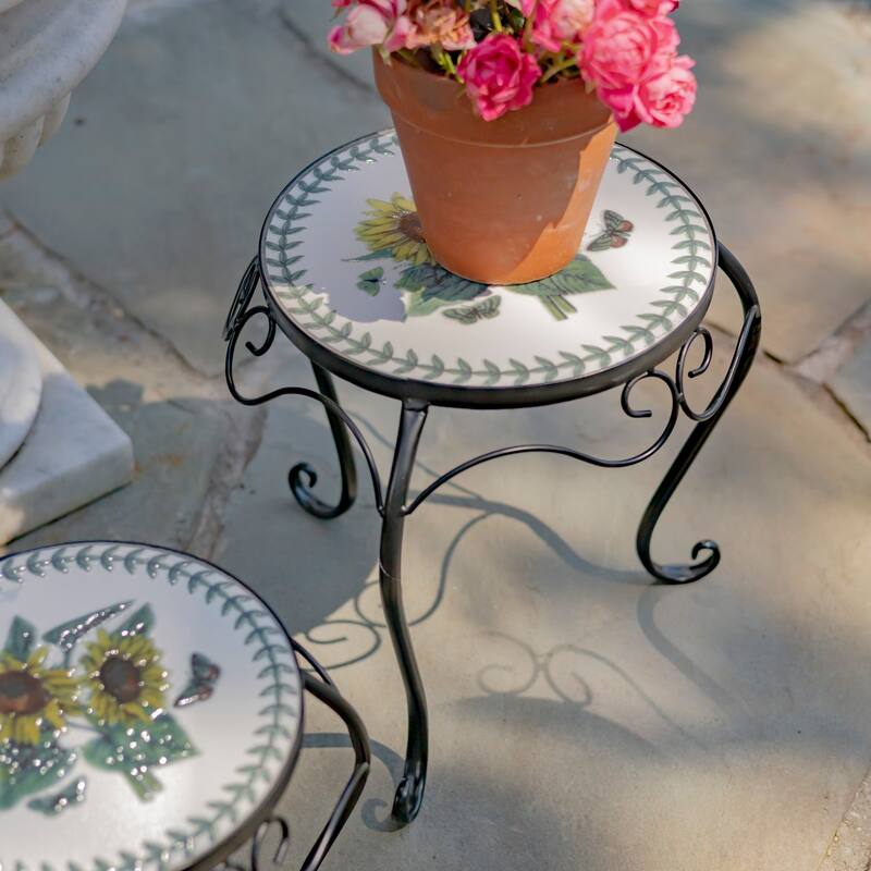 "Marisol" Set of 2 Round Iron Mosaic Plant Stands - 11.81" X 11.81" X 14.17" H