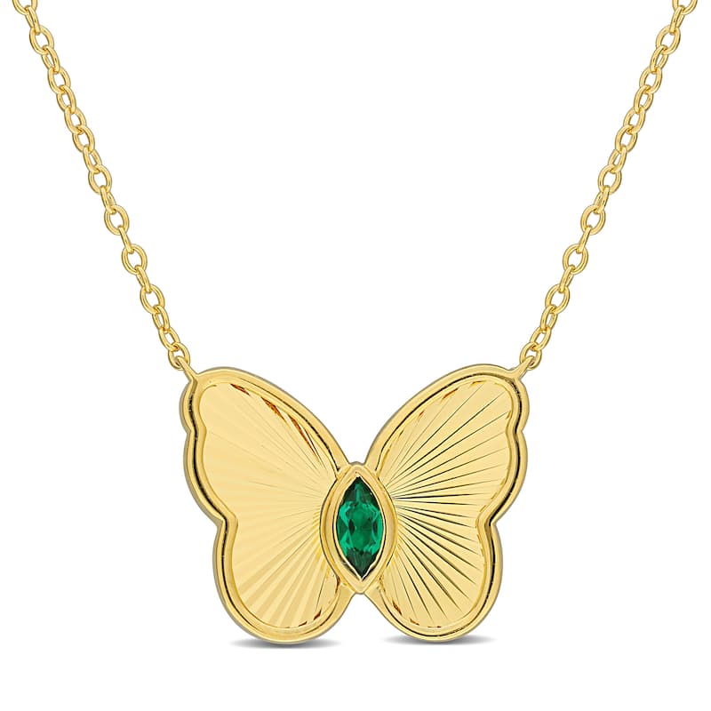 Miadora 1/5ct TGW Created Emerald Butterfly Necklace in Yellow Silver-17in