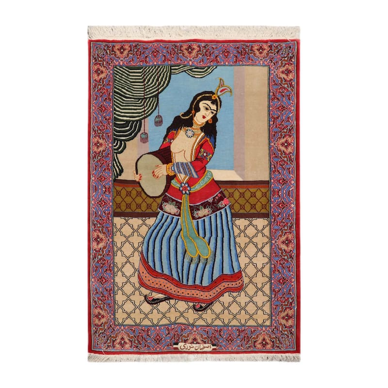 Hand Knotted Beige,Blue 100% Wool Pictorial Oriental Area Rug - 2' 5'' x 3' 10''