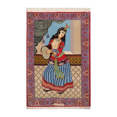 Hand Knotted Beige,Blue 100% Wool Pictorial Oriental Area Rug - 2' 5'' x 3' 10''